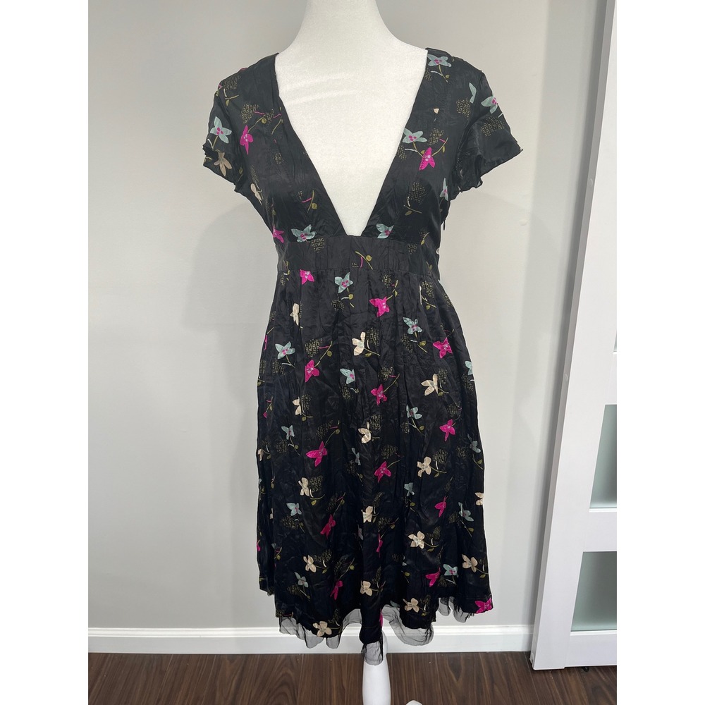 Free People‎ Night and Day Silk Floral Midi Dress Black Boho Size 6